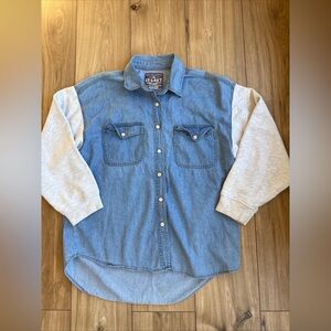 Vtg At Last & Co Size L Denim Shirt W/Grey Sweatshirt Sleeve Cottagecore Country